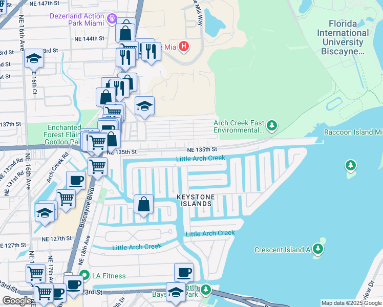 map of restaurants, bars, coffee shops, grocery stores, and more near 2350 Northeast 135th Street in North Miami