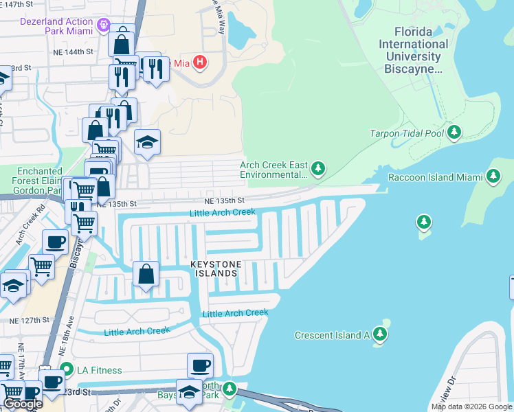 map of restaurants, bars, coffee shops, grocery stores, and more near 2485 Northeast 135th Street in North Miami