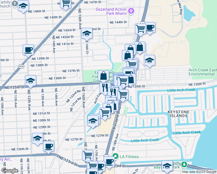 map of restaurants, bars, coffee shops, grocery stores, and more near 13499 Arch Creek Road in North Miami