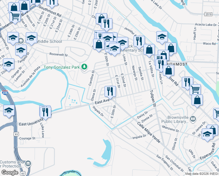 map of restaurants, bars, coffee shops, grocery stores, and more near 2944 Tampico St in Brownsville