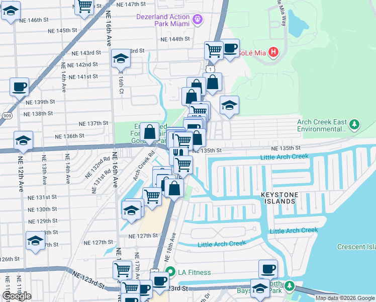 map of restaurants, bars, coffee shops, grocery stores, and more near in North Miami