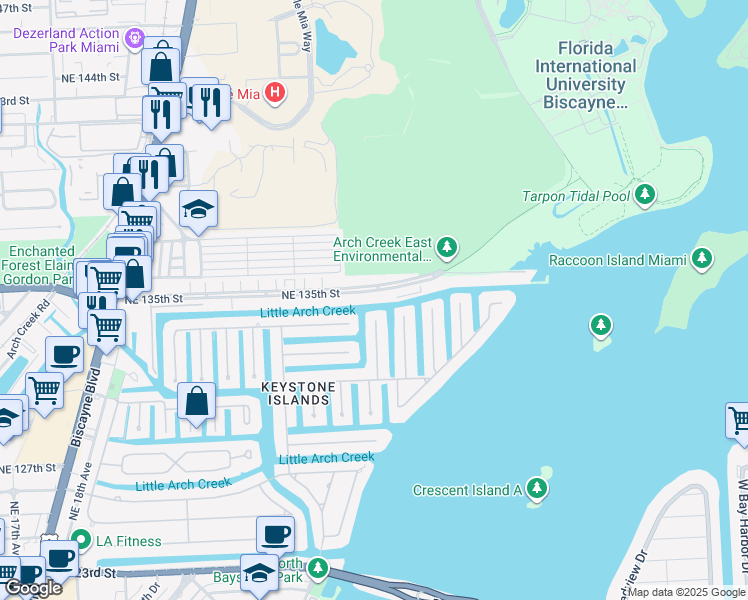 map of restaurants, bars, coffee shops, grocery stores, and more near 2485 Northeast 135th Street in North Miami