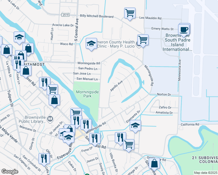 map of restaurants, bars, coffee shops, grocery stores, and more near 5 West Lovell Court in Brownsville