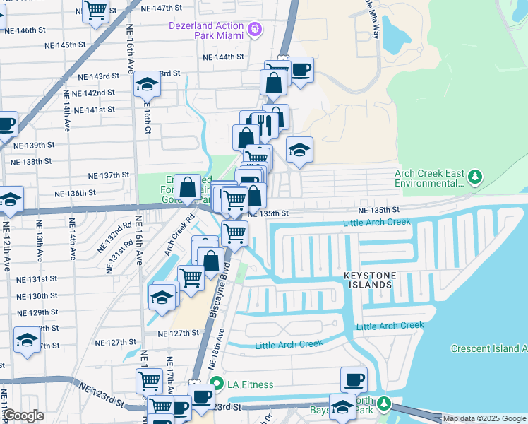 map of restaurants, bars, coffee shops, grocery stores, and more near 2030 Northeast 135th Terrace in North Miami Beach