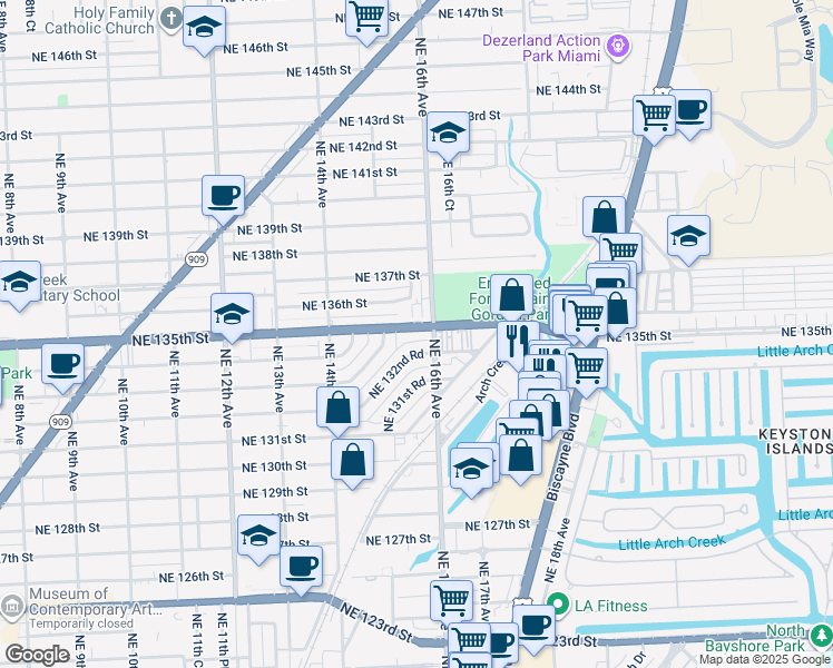 map of restaurants, bars, coffee shops, grocery stores, and more near 1595 Northeast 135th Street in North Miami