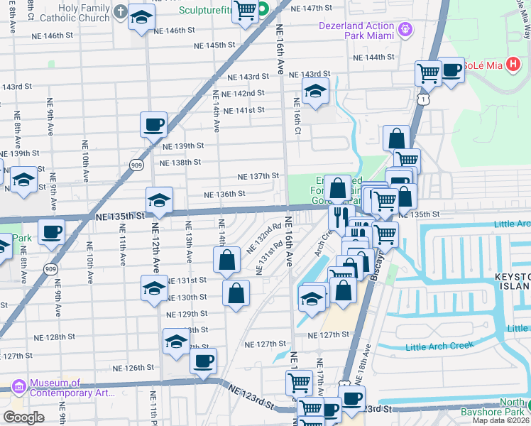 map of restaurants, bars, coffee shops, grocery stores, and more near 1595 Northeast 135th Street in North Miami