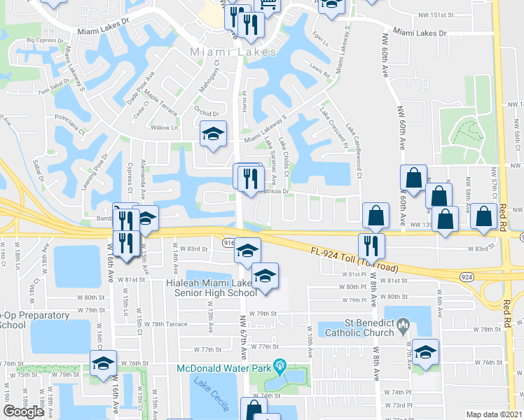 map of restaurants, bars, coffee shops, grocery stores, and more near 13940 Lake Placid Court in Miami Lakes