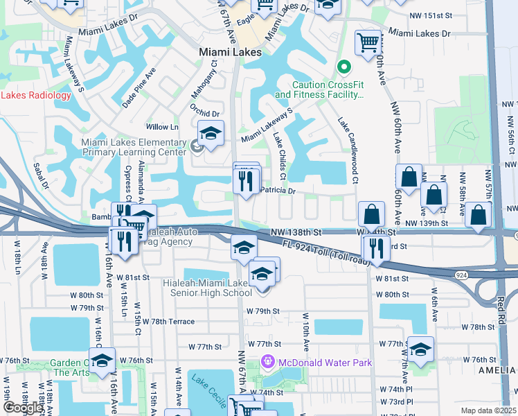map of restaurants, bars, coffee shops, grocery stores, and more near 13940 Lake Placid Court in Miami Lakes