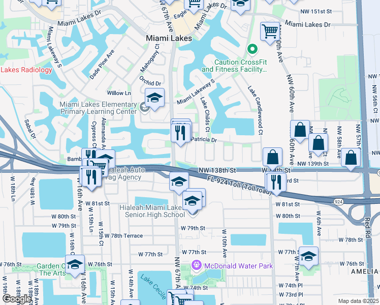 map of restaurants, bars, coffee shops, grocery stores, and more near 6530 Lake Patricia Drive in Miami Lakes