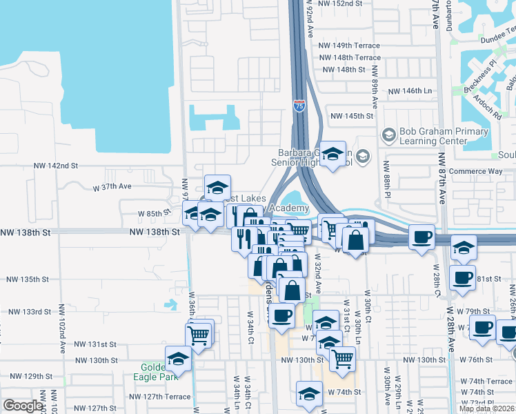 map of restaurants, bars, coffee shops, grocery stores, and more near 8551 West 33rd Avenue in Hialeah