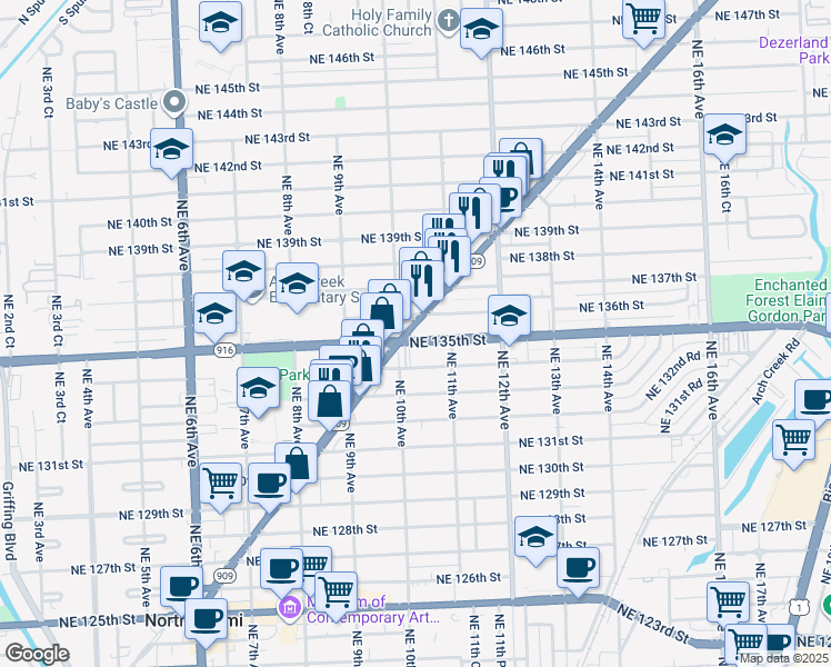 map of restaurants, bars, coffee shops, grocery stores, and more near 13571 West Dixie Highway in North Miami