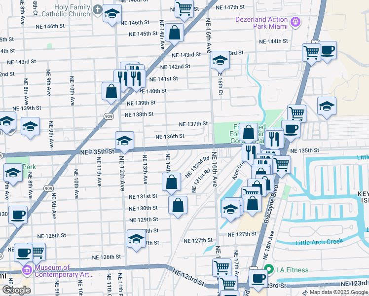 map of restaurants, bars, coffee shops, grocery stores, and more near 1475 Northeast 135th Street in North Miami