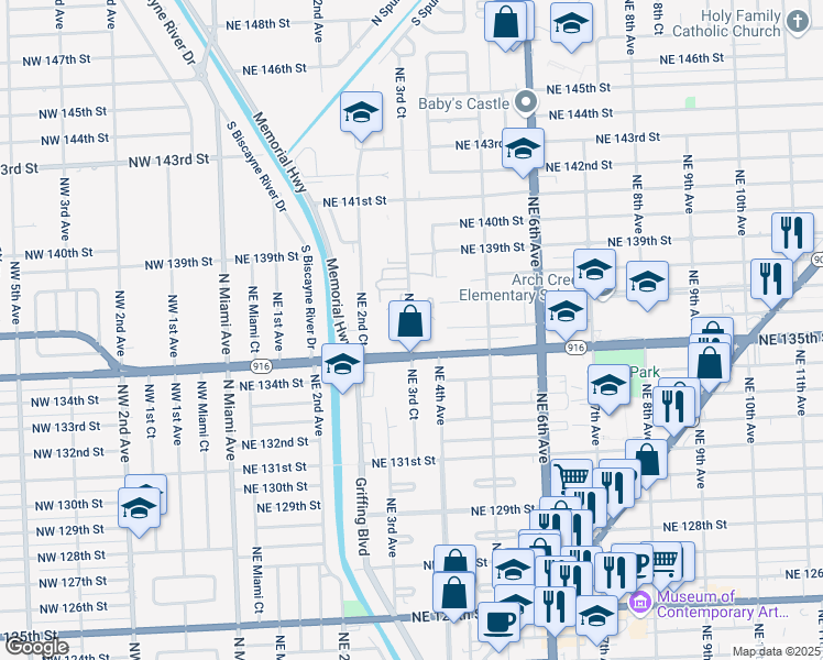 map of restaurants, bars, coffee shops, grocery stores, and more near 13605 Northeast 3rd Court in North Miami