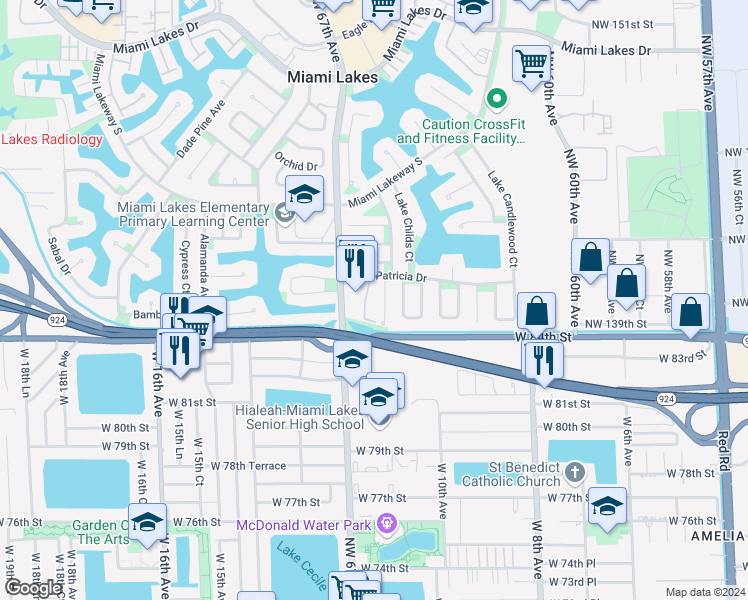 map of restaurants, bars, coffee shops, grocery stores, and more near 13940 Lake Placid Court in Miami Lakes