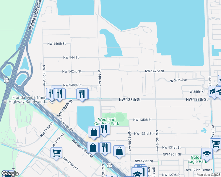 map of restaurants, bars, coffee shops, grocery stores, and more near 13915 Northwest 107th Avenue in Hialeah