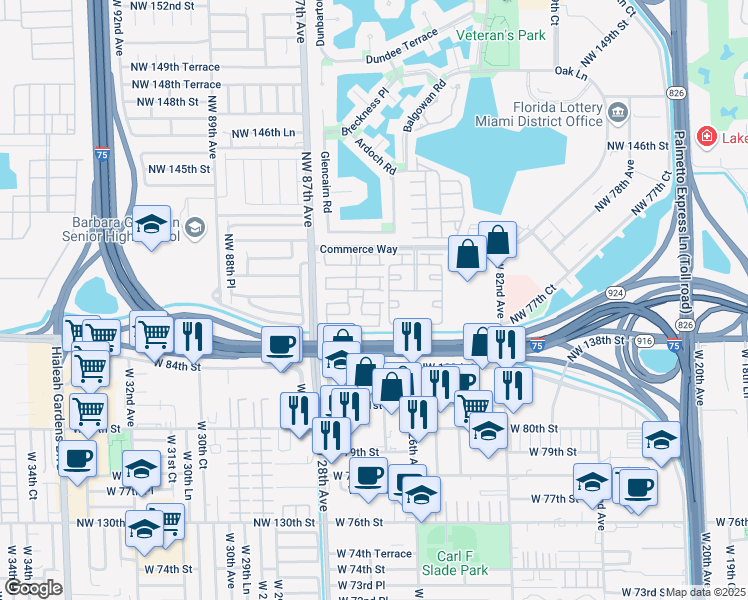 map of restaurants, bars, coffee shops, grocery stores, and more near 8548 Northwest 141st Terrace in Hialeah