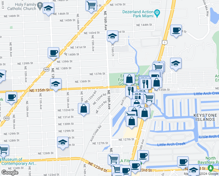 map of restaurants, bars, coffee shops, grocery stores, and more near in North Miami
