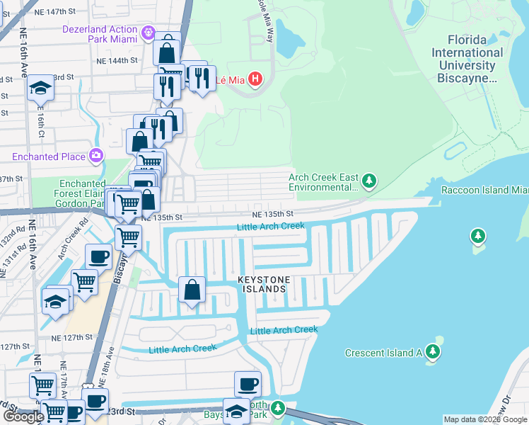 map of restaurants, bars, coffee shops, grocery stores, and more near 13506 Northeast 24th Court in North Miami