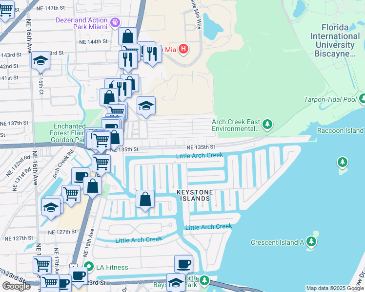map of restaurants, bars, coffee shops, grocery stores, and more near 13505 Northeast 23rd Court in North Miami