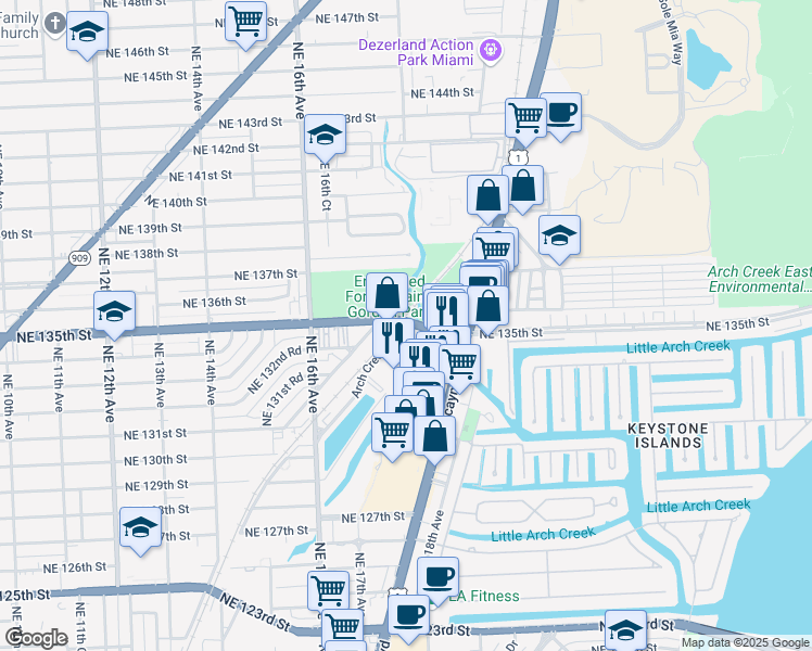 map of restaurants, bars, coffee shops, grocery stores, and more near 13499 Arch Creek Road in North Miami