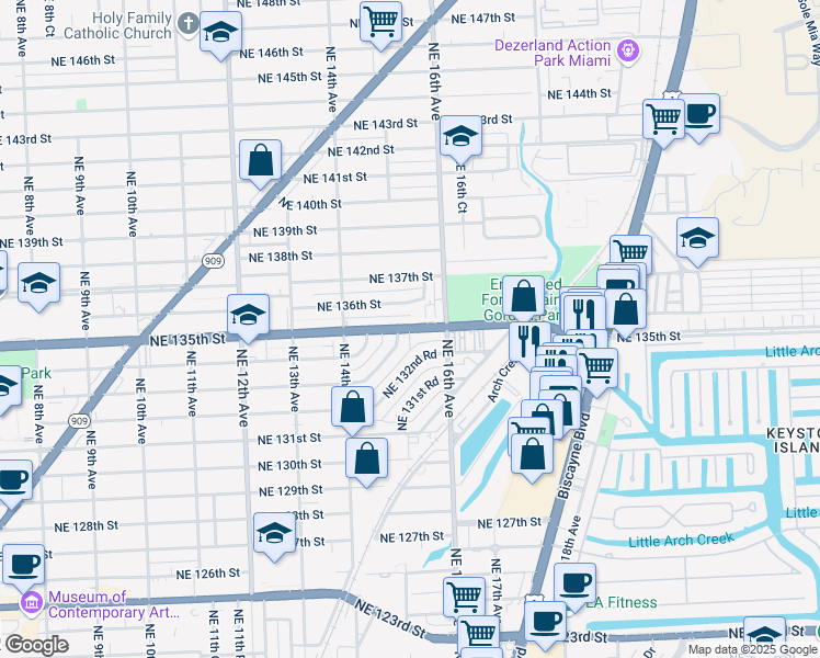 map of restaurants, bars, coffee shops, grocery stores, and more near 1595 Northeast 135th Street in North Miami