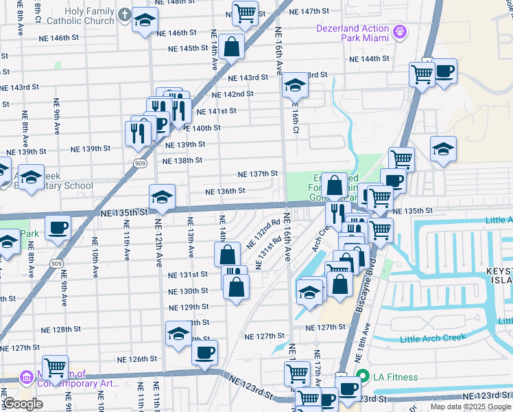 map of restaurants, bars, coffee shops, grocery stores, and more near 1475 Northeast 135th Street in North Miami