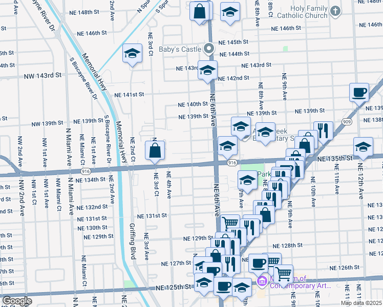 map of restaurants, bars, coffee shops, grocery stores, and more near 515 Northeast 136th Street in North Miami