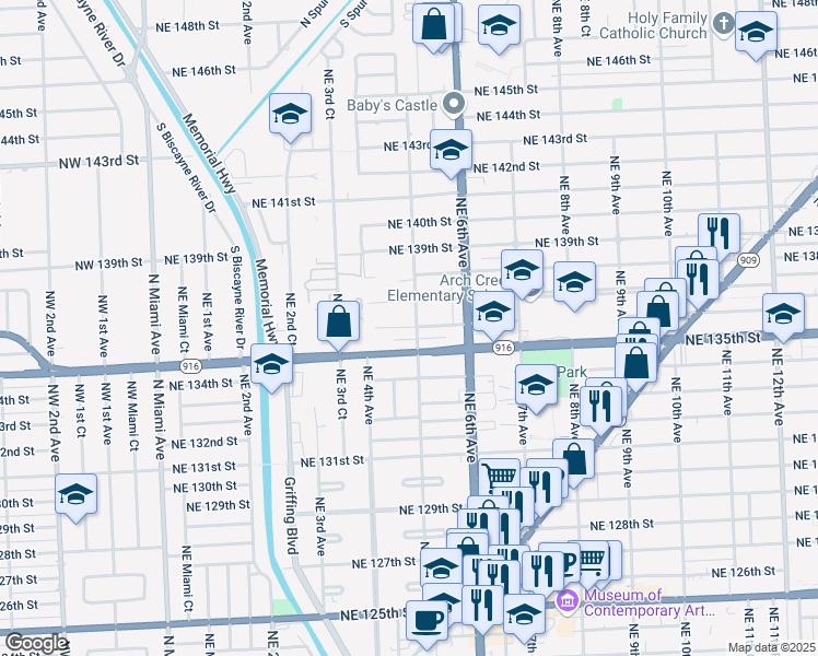 map of restaurants, bars, coffee shops, grocery stores, and more near 515 Northeast 136th Street in North Miami