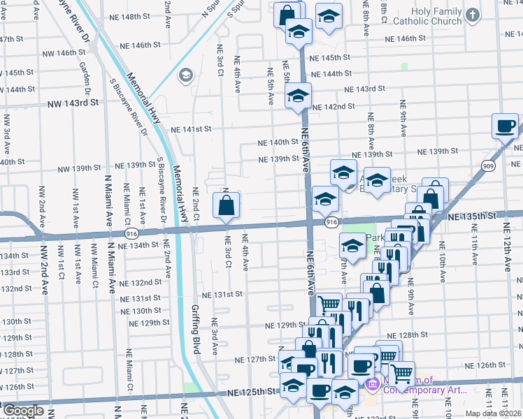 map of restaurants, bars, coffee shops, grocery stores, and more near 455 Northeast 136th Street in North Miami