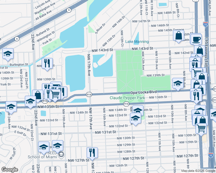 map of restaurants, bars, coffee shops, grocery stores, and more near 1440 Northwest 138th Street in Miami