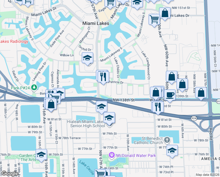 map of restaurants, bars, coffee shops, grocery stores, and more near 13940 Lake Placid Court in Miami Lakes