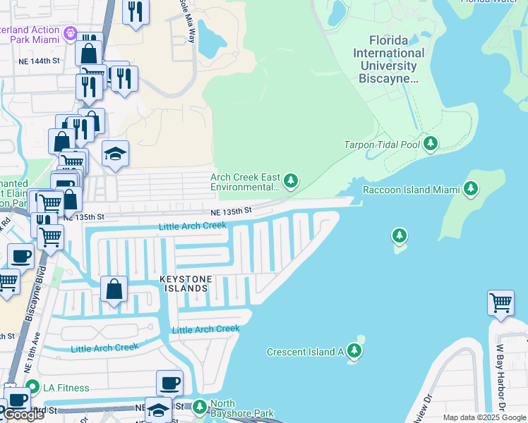 map of restaurants, bars, coffee shops, grocery stores, and more near 2500 Northeast 135th Street in North Miami