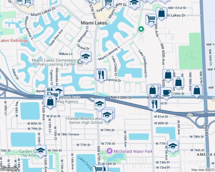 map of restaurants, bars, coffee shops, grocery stores, and more near 13940 Lake Placid Court in Miami Lakes