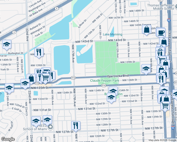 map of restaurants, bars, coffee shops, grocery stores, and more near 1440 Northwest 138th Street in Miami