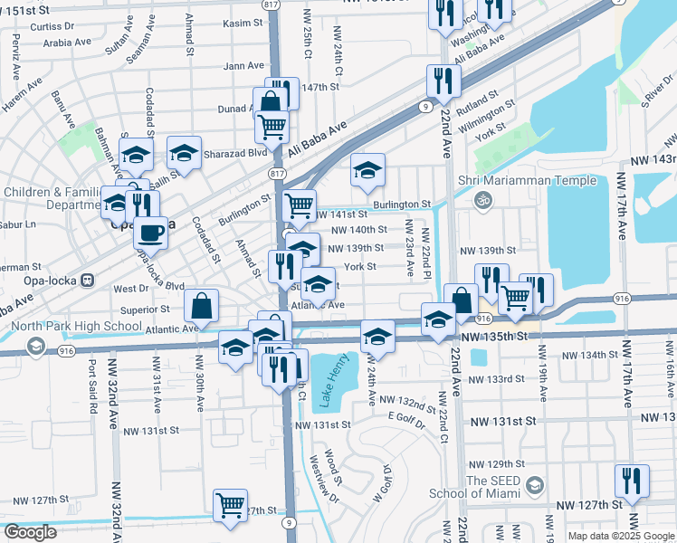 map of restaurants, bars, coffee shops, grocery stores, and more near 2545A York Street in Opa-locka