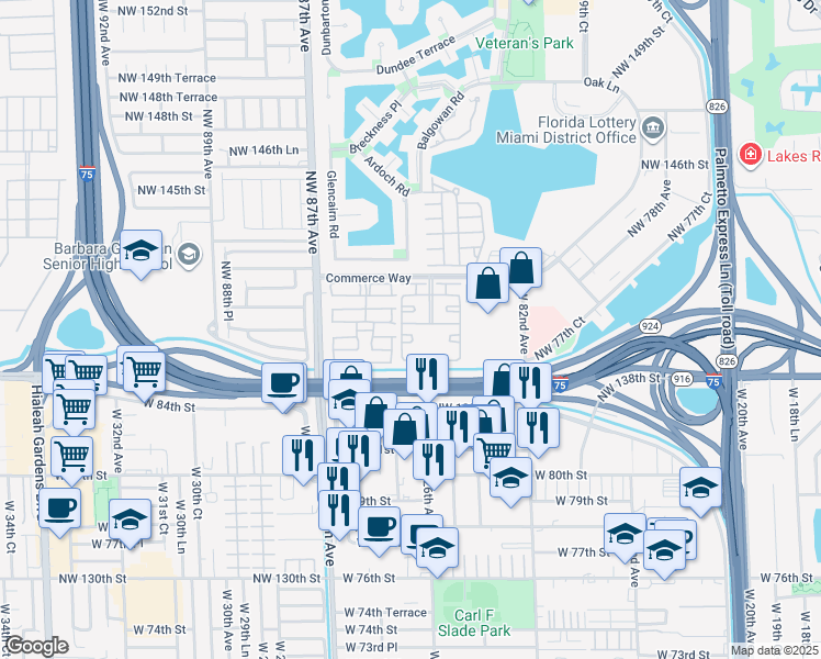 map of restaurants, bars, coffee shops, grocery stores, and more near 8330 Commerce Way in Miami Lakes