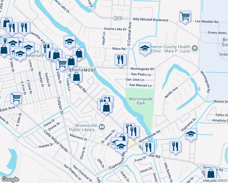 map of restaurants, bars, coffee shops, grocery stores, and more near 4503 Dei Gratia Drive in Brownsville
