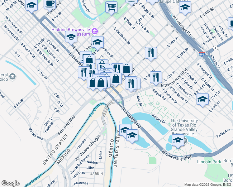 map of restaurants, bars, coffee shops, grocery stores, and more near 1301 East Elizabeth Street in Brownsville