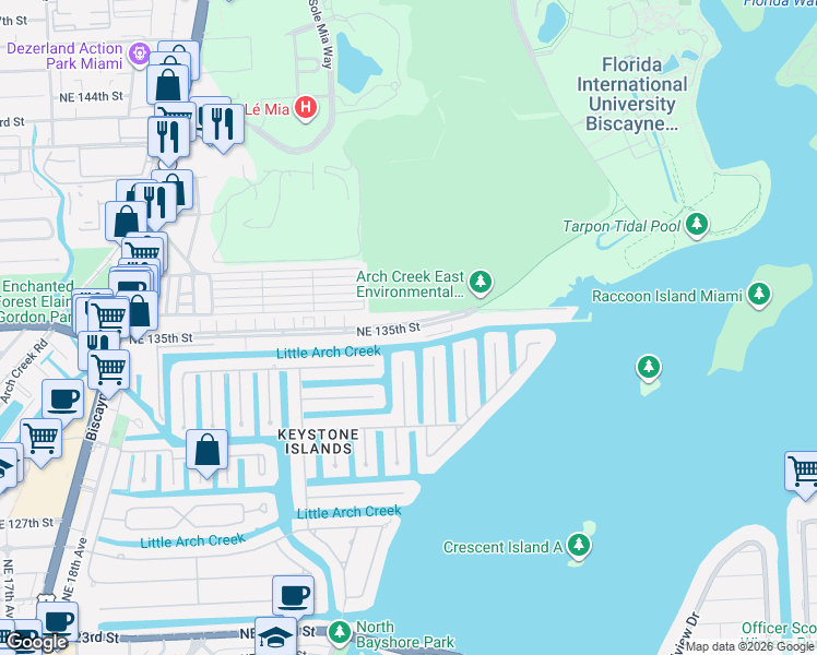 map of restaurants, bars, coffee shops, grocery stores, and more near 2485 Northeast 135th Street in North Miami