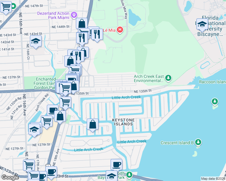 map of restaurants, bars, coffee shops, grocery stores, and more near 13505 Northeast 23rd Court in North Miami