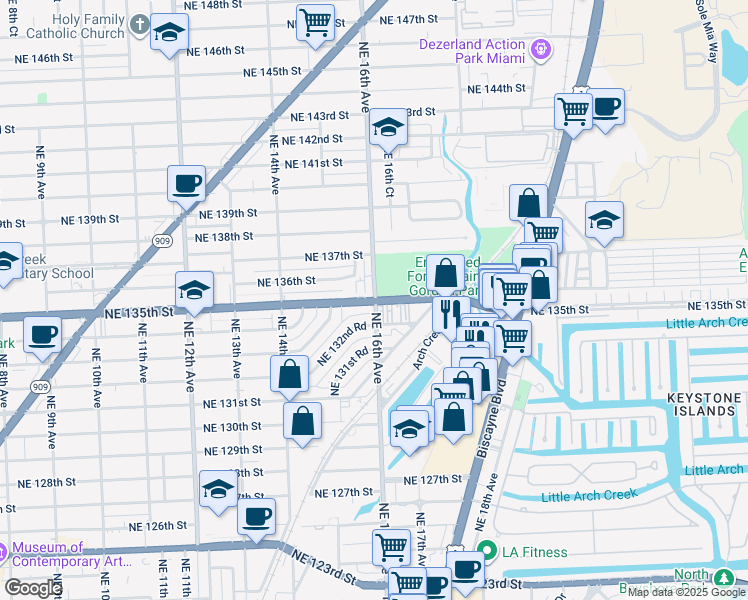 map of restaurants, bars, coffee shops, grocery stores, and more near 1595 Northeast 135th Street in North Miami