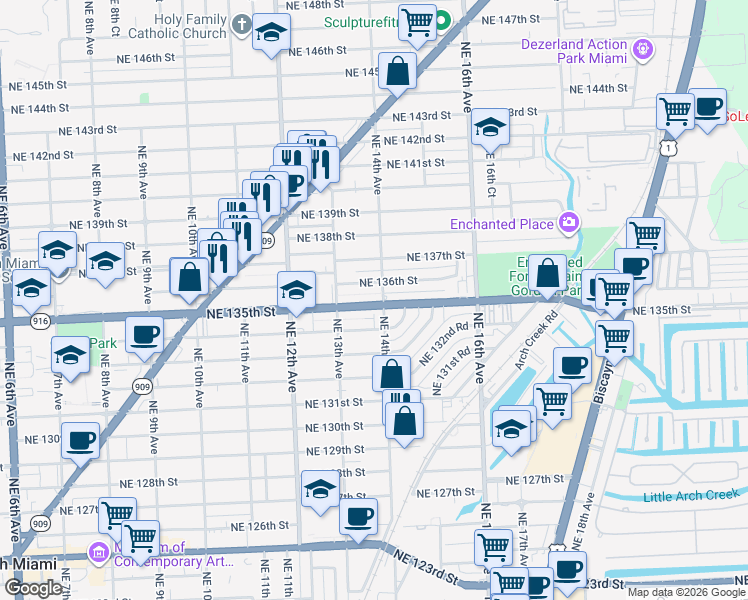 map of restaurants, bars, coffee shops, grocery stores, and more near 13505 Northeast 14th Avenue in North Miami
