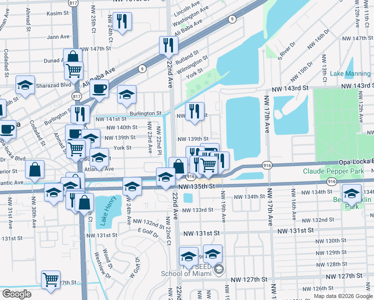 map of restaurants, bars, coffee shops, grocery stores, and more near 13875 Northwest 22nd Avenue in Opa-locka