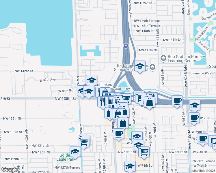 map of restaurants, bars, coffee shops, grocery stores, and more near 8551 West 33rd Avenue in Hialeah
