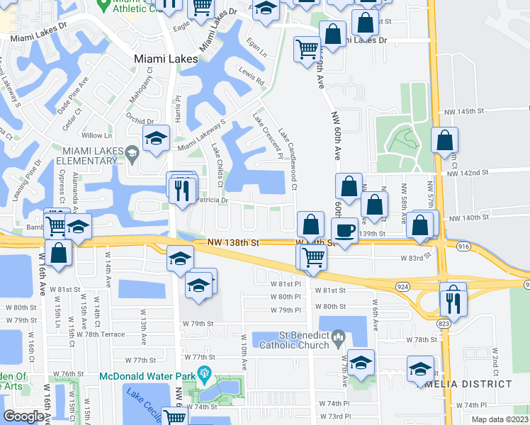 map of restaurants, bars, coffee shops, grocery stores, and more near 14000 Lake Success Place in Miami Lakes