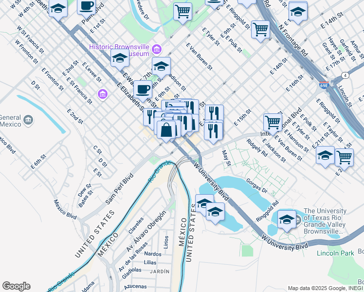 map of restaurants, bars, coffee shops, grocery stores, and more near 1301 East Elizabeth Street in Brownsville