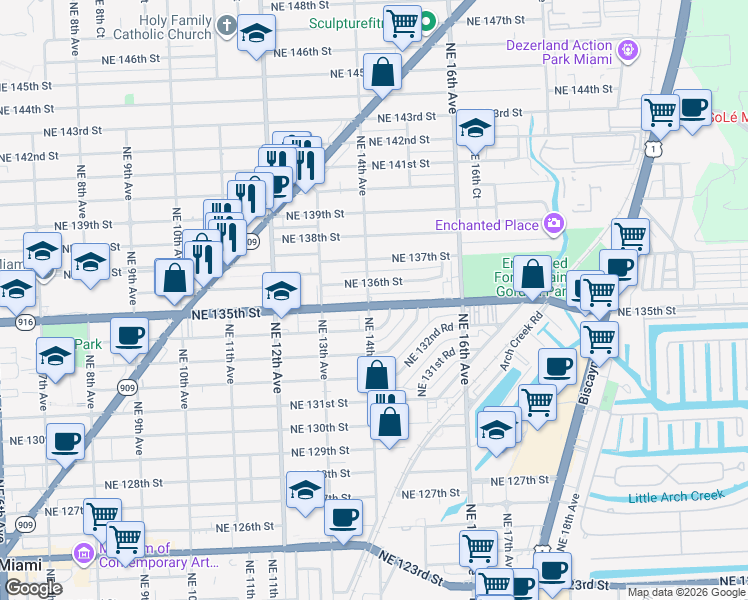 map of restaurants, bars, coffee shops, grocery stores, and more near 13505 Northeast 14th Avenue in North Miami