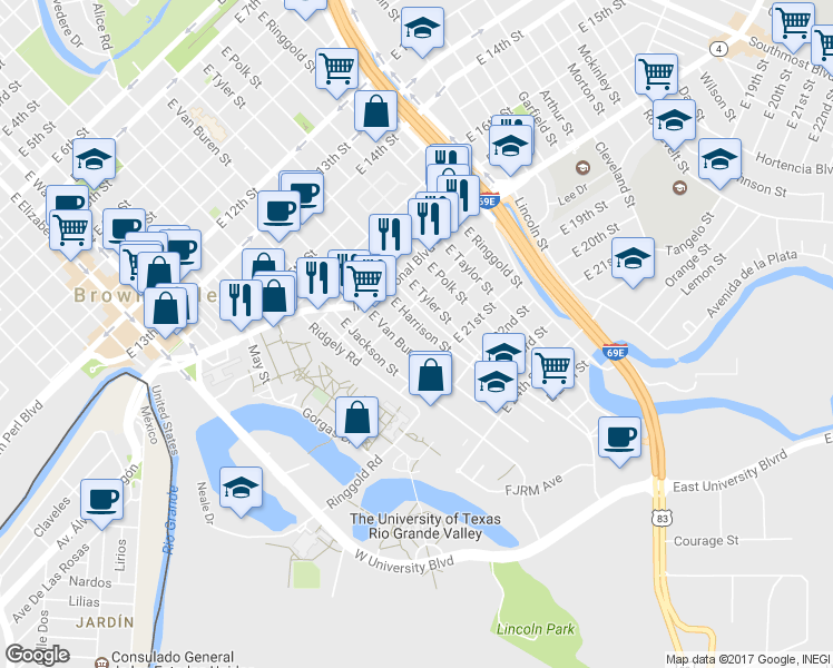 map of restaurants, bars, coffee shops, grocery stores, and more near 1954 East Harrison Street in Brownsville