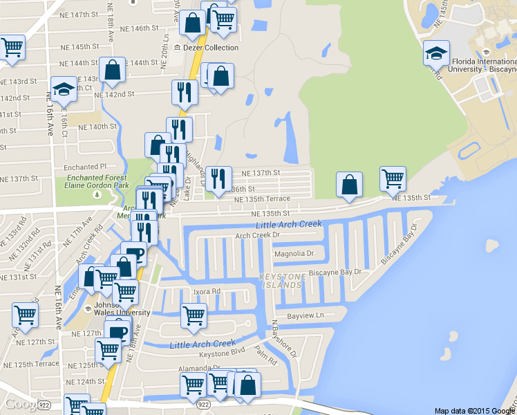 map of restaurants, bars, coffee shops, grocery stores, and more near 13505 Northeast 23rd Court in North Miami