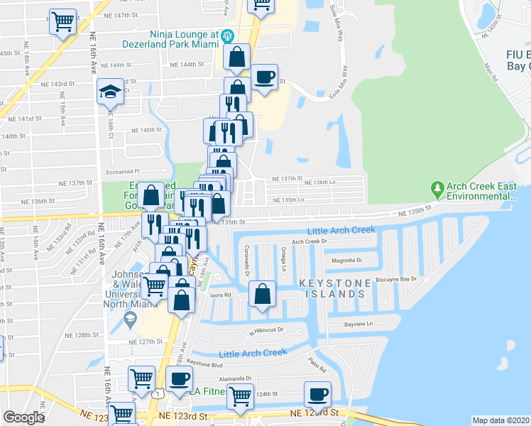 map of restaurants, bars, coffee shops, grocery stores, and more near 1981 Northeast 135th Street in North Miami